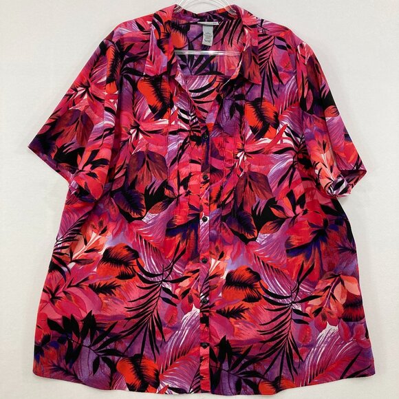 Catherines size 3X Red Purple Floral Short Sleeve Button Down Relaxed Comfy - Picture 1 of 8